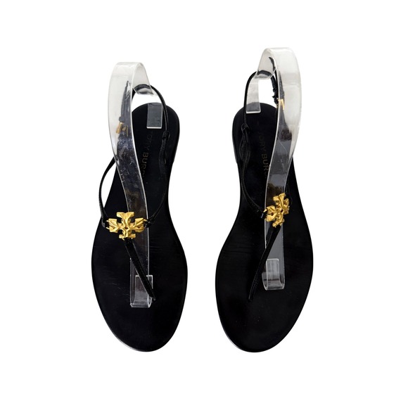 Tory Burch Shoes - Tory Burch Capri Thong Sandals Black Leather Gold Double T Logo 9M 96555